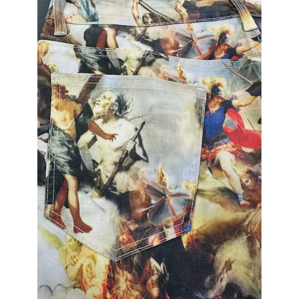 Renaissance Oil Painting Print Slim Fit Pants Angels Cherubs Multi Color 36x30